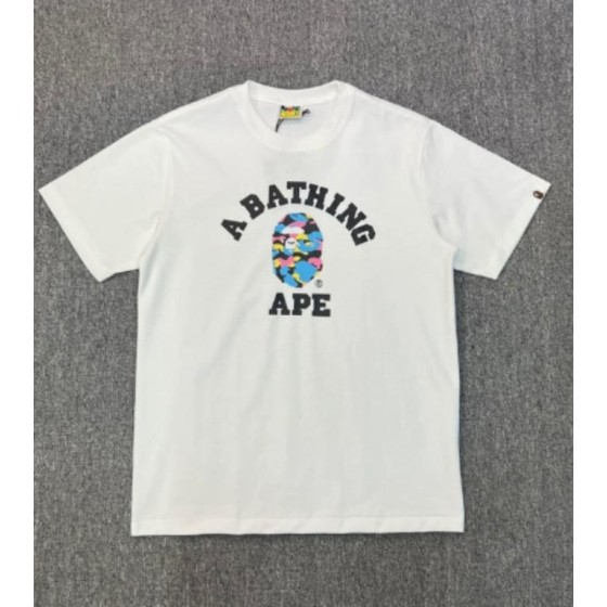 White BAPE College T-Shirt with Multicolor Camo Ape Head